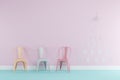 Christmas concept interior pastel pink and blue room with pastel yellow, green, and pink chairs set for copy space Royalty Free Stock Photo