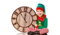 Christmas concept. Little Elf with clock isolated on white Royalty Free Stock Photo