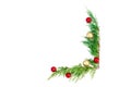 Christmas concept made of evergreen branches and balls decoration on white background. Flat lay, top view