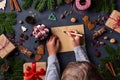 Christmas concept, child hands writing letter to Santa Claus Royalty Free Stock Photo