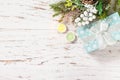 Christmas presents gift blue box and festive decor on a wooden table. Top view flat lay background. Copy space Royalty Free Stock Photo