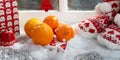 Christmas concept, tangerines, snow and gifts Royalty Free Stock Photo