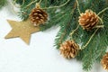 Christmas concept on a white background. Green spruce branches are decorated with a golden garland, cones, stars. Royalty Free Stock Photo