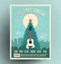 Christmas concert retro poster flyer design template for live musical event with christmas tree and acoustic guitar at city