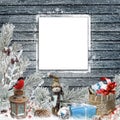 Christmas congratulatory background with frame for text or photo, snowman, gifts, pine branches and Christmas decorations