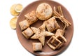 Christmas cookies, Christmas spices and dried orange slices isolated on white background