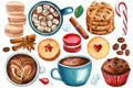 Christmas cookies, cupcake, lollipop, macaroon and cup coffee watercolor painting, white background. Royalty Free Stock Photo