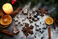 Christmas cookies in the form of flakes and Christmas trees, decorated with dried orange, spices and dusted with flour. Food. Back Royalty Free Stock Photo