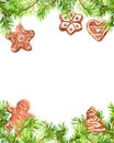 Christmas cookies, ginger bread man, conifer tree branches frame. Christmas card, empty blank. Watercolor