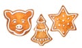 Christmas cookies gingerbread set: star, christmas tree and pig. Watercolor hand drawn illustration. Royalty Free Stock Photo