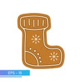 Christmas Cookies, Gingerbread christmas sock in brown color, Isolated On White Background, Vector Illustration.