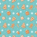 Christmas cookies pattern. Gingerbread man, house, tree, present box on pastel blue background.