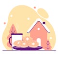 Christmas cookies plate milk background. cozy home gradient Royalty Free Stock Photo