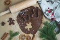 Christmas Cookies Preparation, Dough, New Year Concept, Background, Food, Rolling Pin Metal Form Star Gingerbread Man