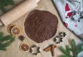 Christmas Cookies Preparation, Dough, New Year Concept, Background, Food, Rolling Pin Metal Form Star Gingerbread Man