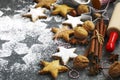 Christmas cookies, roller pin, cinnamon, nuts and cookie cutter on dark background Royalty Free Stock Photo