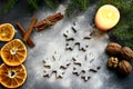 Christmas cookies in the form of flakes, decorated with dried orange and spices. Food. Background