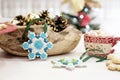 Christmas Cookies Shaped In Snowflakes And Golden Cones. Hot Chocolate With Marshmallow Candies. White Wooden Background