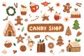 Christmas cooking set. Baked gingerbread cookies, houses, hot winter holiday drinks, pudding, dessert, food. Vector Royalty Free Stock Photo