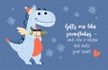 Christmas cool card with cute dragon with holly gift. Vector horizontal illustration. 2024 year dragon according to
