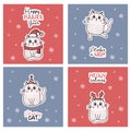 Christmas cool posters with cute winter cats funny inscriptions. Vector illustration. Square cards in cartoon style for