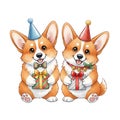 Christmas Corgis hold presents in party hats Royalty Free Stock Photo