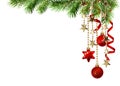 Christmas corner arrangement with green pine twigs hanging red d Royalty Free Stock Photo