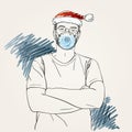 Christmas at Coronavirus illustration. Man with arms crossed over his chest wearing medical face mask, santa hat