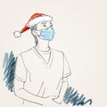 Christmas at Coronavirus illustration. Young woman with hands on her belly wearing medical face mask and santa hat, looking up