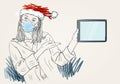 Christmas at Coronavirus new normal illustration. Woman wearing medical face mask and santa hat, showing tablet blank screen