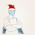 Christmas and Coronavirus people new normal. Man with arms crossed over his chest wearing medical face mask, santa hat Royalty Free Stock Photo