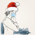 Christmas and Coronavirus people new normal. Sketch of woman in medical face mask, santa hat praying