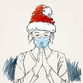 Christmas and Coronavirus people new normal. Sketch of woman in medical face mask, santa hat praying hands folded