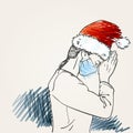 Christmas and Coronavirus people new normal. Sketch of woman in medical face mask, santa hat praying hands folded in worship