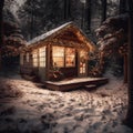 Christmas cottage in winter forest