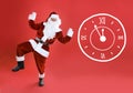 Christmas countdown. Clock showing five minutes to midnight near Santa Claus on red background