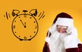 Christmas countdown. Clock showing five minutes to midnight near Santa Claus on yellow background