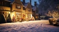 Christmas in the countryside manor, English country house mansion decorated for holidays on a snowy winter evening with snow and Royalty Free Stock Photo