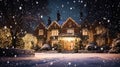 Christmas in the countryside manor, English country house mansion decorated for holidays on a snowy winter evening with snow and Royalty Free Stock Photo