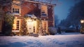 Christmas in the countryside manor, English country house mansion decorated for holidays on a snowy winter evening with snow and Royalty Free Stock Photo