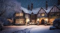 Christmas in the countryside manor, English country house mansion decorated for holidays on a snowy winter evening with snow and Royalty Free Stock Photo