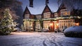 Christmas in the countryside manor, English country house mansion decorated for holidays on a snowy winter evening with snow and Royalty Free Stock Photo