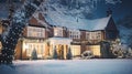 Christmas in the countryside manor, English country house mansion decorated for holidays on a snowy winter evening with Royalty Free Stock Photo