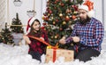 Christmas couple cute photography in decoration room indoor festive environment space, middle adult man and young teenager girl