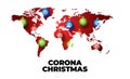 Christmas covid world map. Xmas ball bauble with coronavirus on word map. Vector illustration