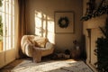 Christmas cozy corner with wreath and soft lighting Royalty Free Stock Photo