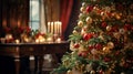 Christmas cozy interior. Majestic Christmas tree with colorful vintage ornaments and baubles