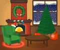 Christmas Cozy Room with Xmas Tree, Fireplace, Armchair, Gift Icon Concept. Apartment Symbol, Logo and Badge. Cartoon Vector