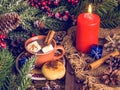 Christmas cozy still life, hot chocolate with marshmallows, candles, Christmas decorations