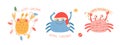 Christmas crab funny characters set, hand drawn text Merry Christmas. Vector tropical party celebration isolated element